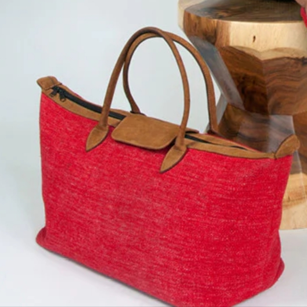 TUCKER ROBBINS "La Paz" Weekender Red Tote Bag with Tan Suede Accents